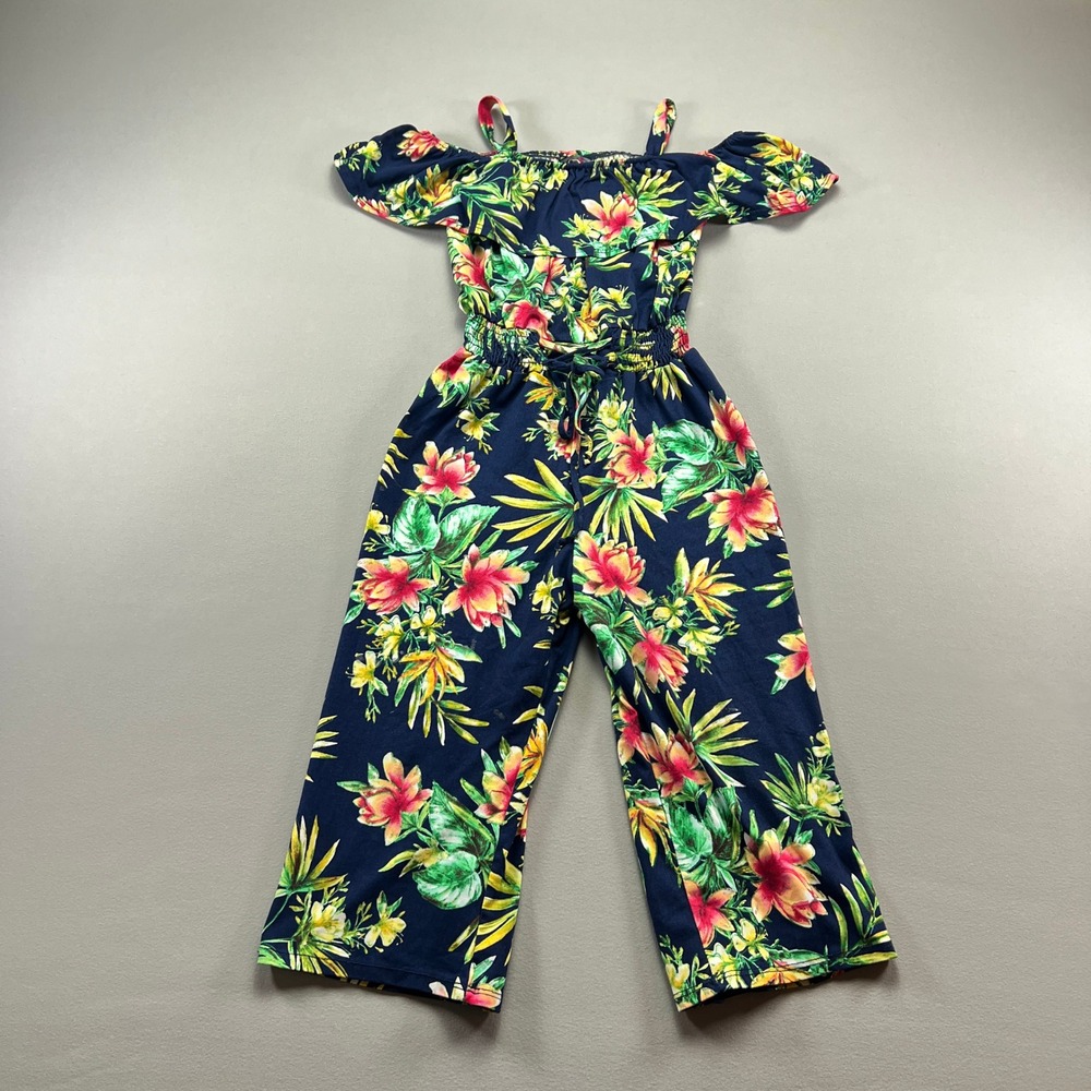 2-Hip By Wrapper Jumpsuit Women 7 Blue Green Floral Print Cinch Drawstring Waist